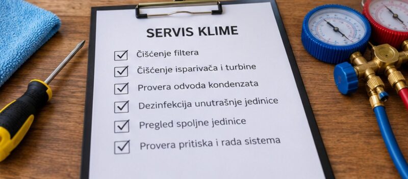 Kontrolna lista za servis klime sa stavkama za čišćenje, dezinfekciju i proveru uređaja, uz serviserski alat i manometre.