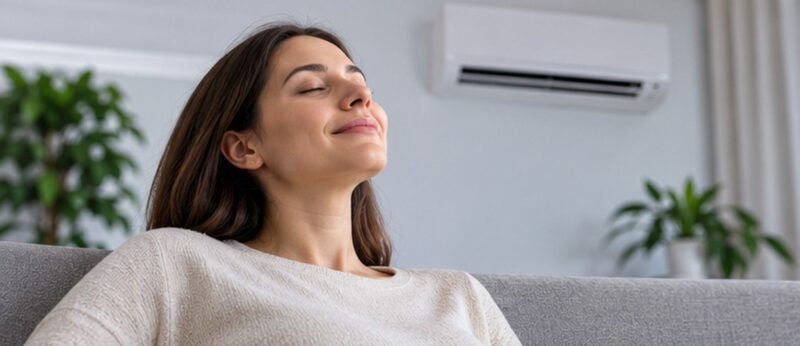 Žena uživa u prijatnoj temperaturi dnevne sobe dok klima uređaj radi u pozadini.